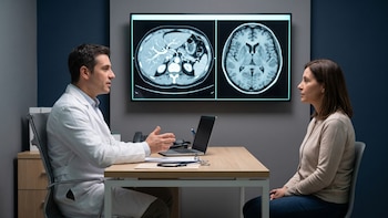 Un médico y una paciente sentados frente a frente ante una mesa con una computadora y una pantalla con dos escaneos médicos en la pared