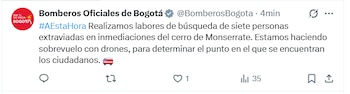 El Equipo Técnico Especializado de Aeronaves No Tripuladas Sart participa activamente en la búsqueda de los desaparecidos - crédito Bomberos Bogotá/X