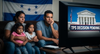 Una familia hondureña (un hombre, una mujer y dos niñas) mira fijamente un televisor que muestra el edificio de la Corte Suprema con el texto "TPS DECISION PENDING".
