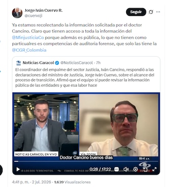 El ministro de Justicia Jorge Iván Cuervo R. confirmó que se está recolectando información solicitada por el abogado Iván Cancino para el empalme con el Gobierno entrante de Abelardo de la Espriella - crédito @cuervoji/X