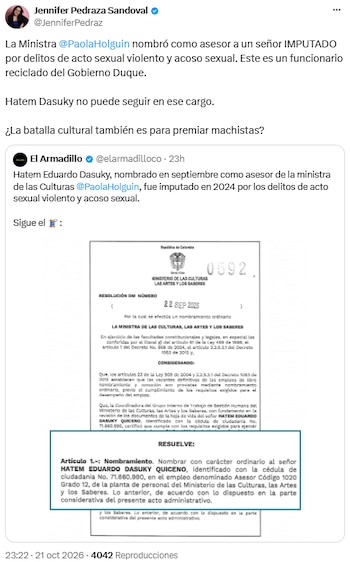 Polémica para Paola Holguín por la designación de Hatem Dasuky como asesor - crédito @JenniferPedraz/X
