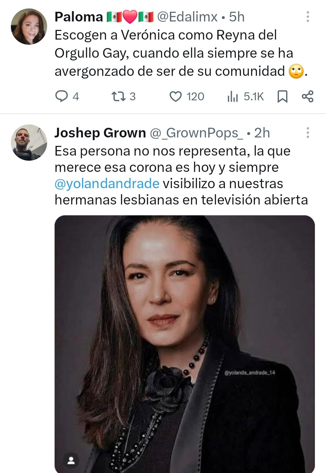 Usuarios de redes sociales manifiestan posturas diversas sobre la designación de Verónica Castro como Reina del Pride 2026 en Ciudad de México, con una imagen de Yolanda Andrade. (X)
