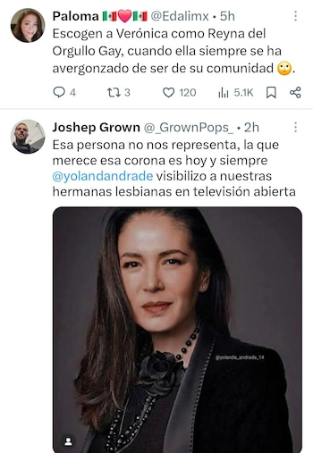 Dos publicaciones de Twitter con comentarios sobre la elección de la Reina del Orgullo Gay y un retrato en primer plano de Yolanda Andrade