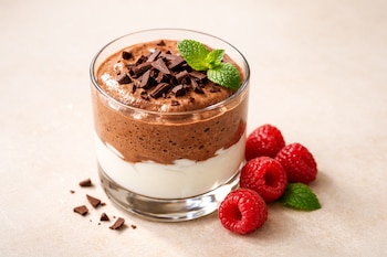Vaso con capas de mousse de chocolate y yogur griego, virutas de chocolate y hojas de menta. Frambuesas frescas y trozos de chocolate sobre un fondo beige.