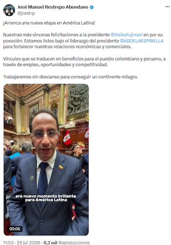 José Manuel Restrepo anunció el inicio de una nueva era para América Latina tras la llegada de Keiko Fujimori al poder - crédito @jrestrp/X