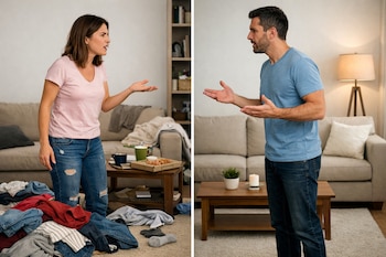 Imagen dividida con una mujer a la izquierda, junto a ropa desordenada en el suelo, y un hombre a la derecha, en una sala ordenada, ambos gesticulando.