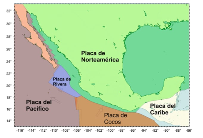 La placa del Pacífico se mueve hacia el noreste, donde se encuentra la superficie de Baja California norte y sur. (Captura de pantalla/ Servicio Sismológico Nacional).