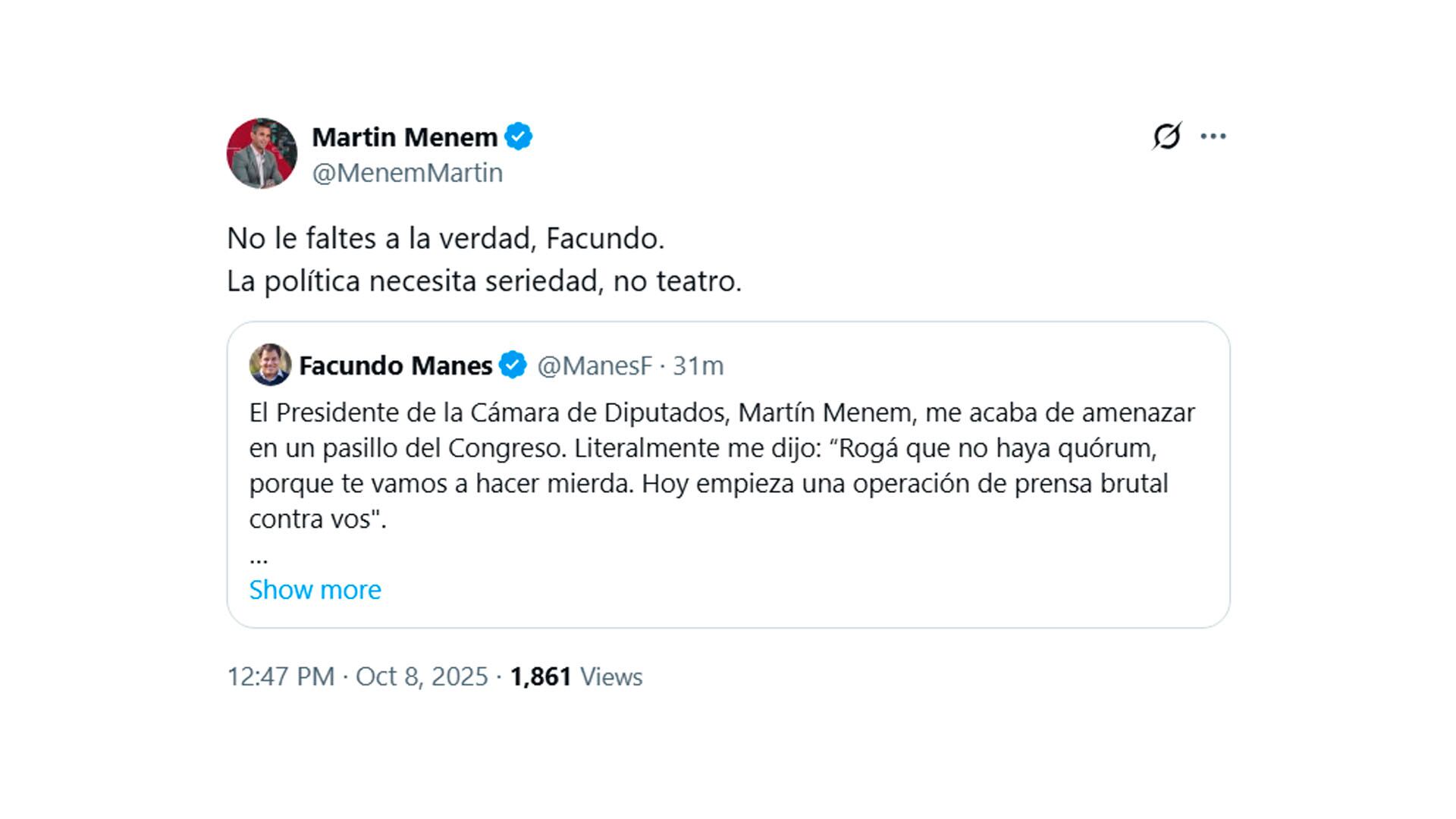 Martín Menem negó las amenazas de Facundo Manes.