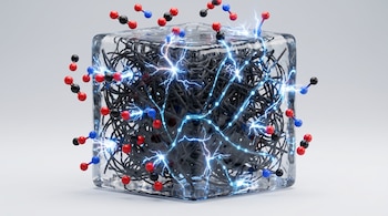 Se muestra un dispositivo cúbico translúcido con un interior de fibras negras, que atrae moléculas rojas, negras y azules y emite destellos eléctricos.