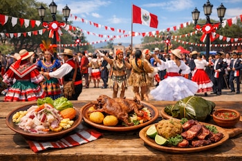Plaza pública peruana decorada con banderas y faroles, mesa de madera con platos de ceviche, cuy, juanes y tacacho, y personas en trajes típicos bailando.