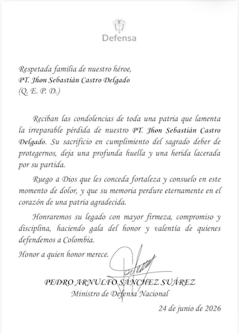 El ministro de Defensa expresó sus condolencias por la muerte de Jhon Sebastián Castro Delgado y resaltó su sacrificio en cumplimiento del deber. - crédito @PedroSanchezCol/X