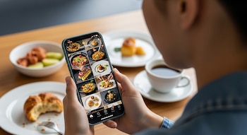 Persona sostiene un smartphone vertical mostrando reels de comida. En la mesa, un croissant mordido, una taza de café y otros alimentos.