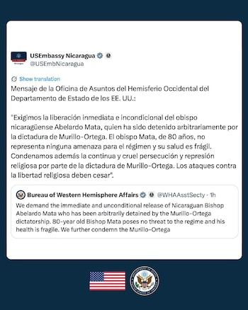 La Oficina de Asuntos del Hemisferio Occidental de EE. UU. alzó la voz de alerta por la salud de monseñor Mata, logrando frenar su desaparición a manos de las autoridades nicaragüenses.