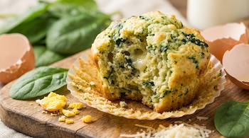 Muffin de espinaca abierto con interior húmedo, rodeado de hojas de espinaca fresca, cáscaras de huevo y queso rallado en una tabla de madera.