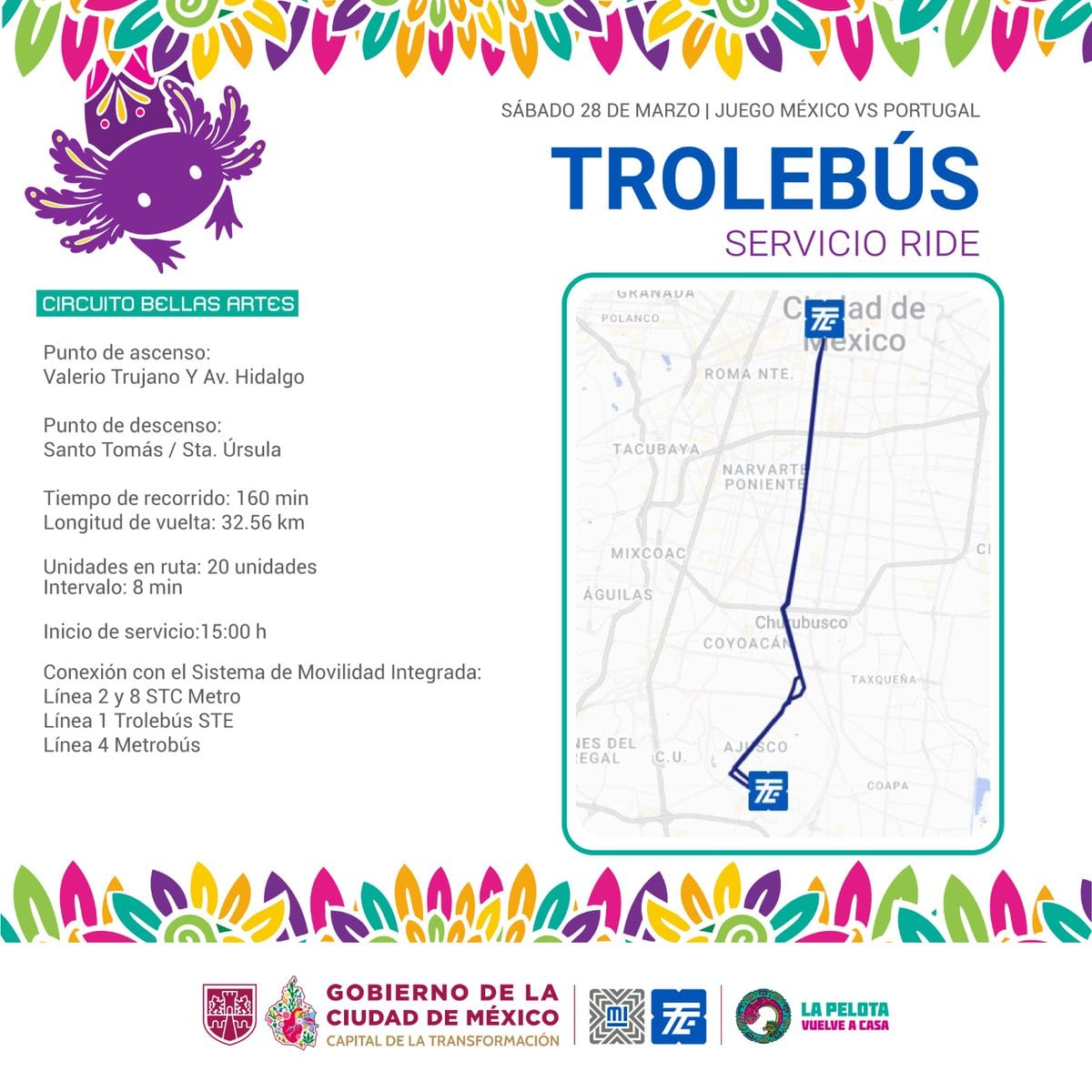 Trolebús rutas partido México-Portugal CDMX (@STECDMX/X)