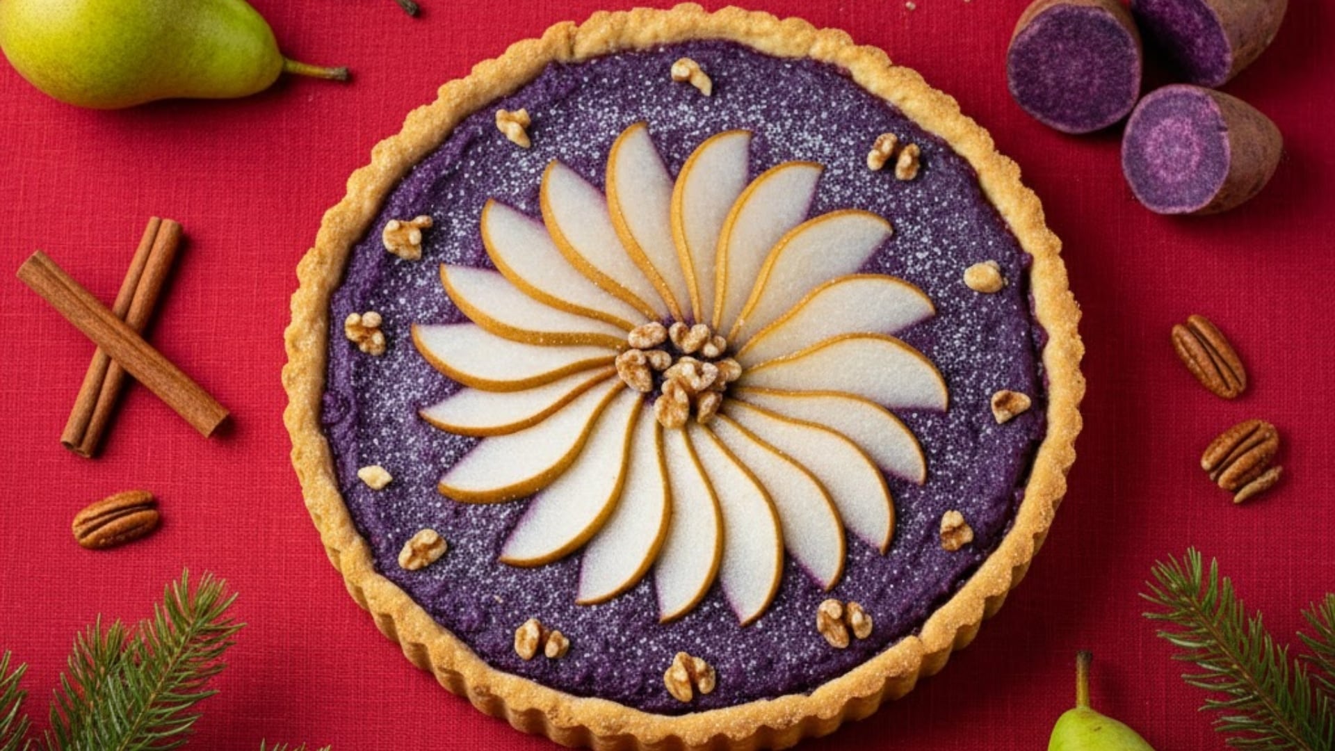 Vista cenital de la tarta recién horneada, con brillo de azúcar glass y acompañada de especias, lista para servir. (Gemini)