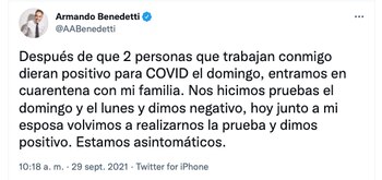 Armando Benedetti confirmó que se