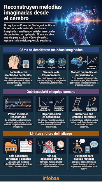 Infografía: cerebro, notas musicales, diagramas de electrodos y proceso auditivo. Gráficos de patrones, piano, partitura, hospital, reloj, silla de ruedas, celular. Logo Infobae.