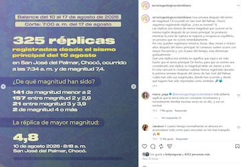 Más de 325 réplicas se han presenntado en Colombia una semana después del terremoto de 7,4 que se presentó con epicentro en San José del Palmar (Chocó) el lunes 10 de agosto de 2026 - crédito @serviciogeologicocolombiano/IG