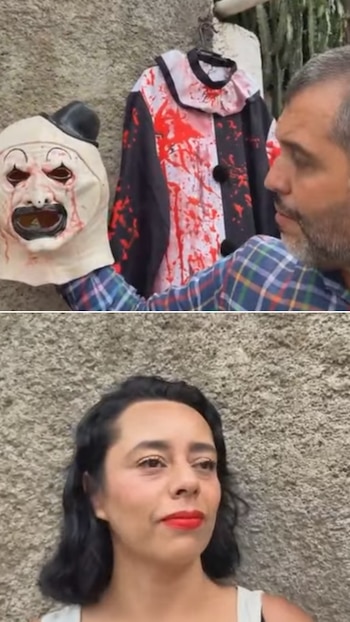 En imagen dividida, un hombre sostiene una máscara de payaso y un disfraz con salpicaduras rojas; abajo, una mujer de cabello oscuro y labios rojos