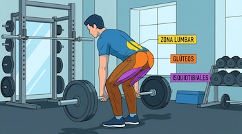 Ilustración de un hombre realizando peso muerto con barra en un gimnasio, mostrando postura correcta y músculos resaltados: isquiotibiales, glúteos y zona lumbar.