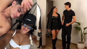 Díaz y Molina en un collage. A la izquierda, ella con bikini blanco y sombrero, él a su lado. A la derecha, ambos de pie, vestidos de negro, mirándose y sonriendo