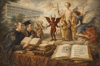 Pintura renacentista: académicos con libros, un demonio, ángeles y la Facultad de Filosofía y Letras de la UNAM al fondo.