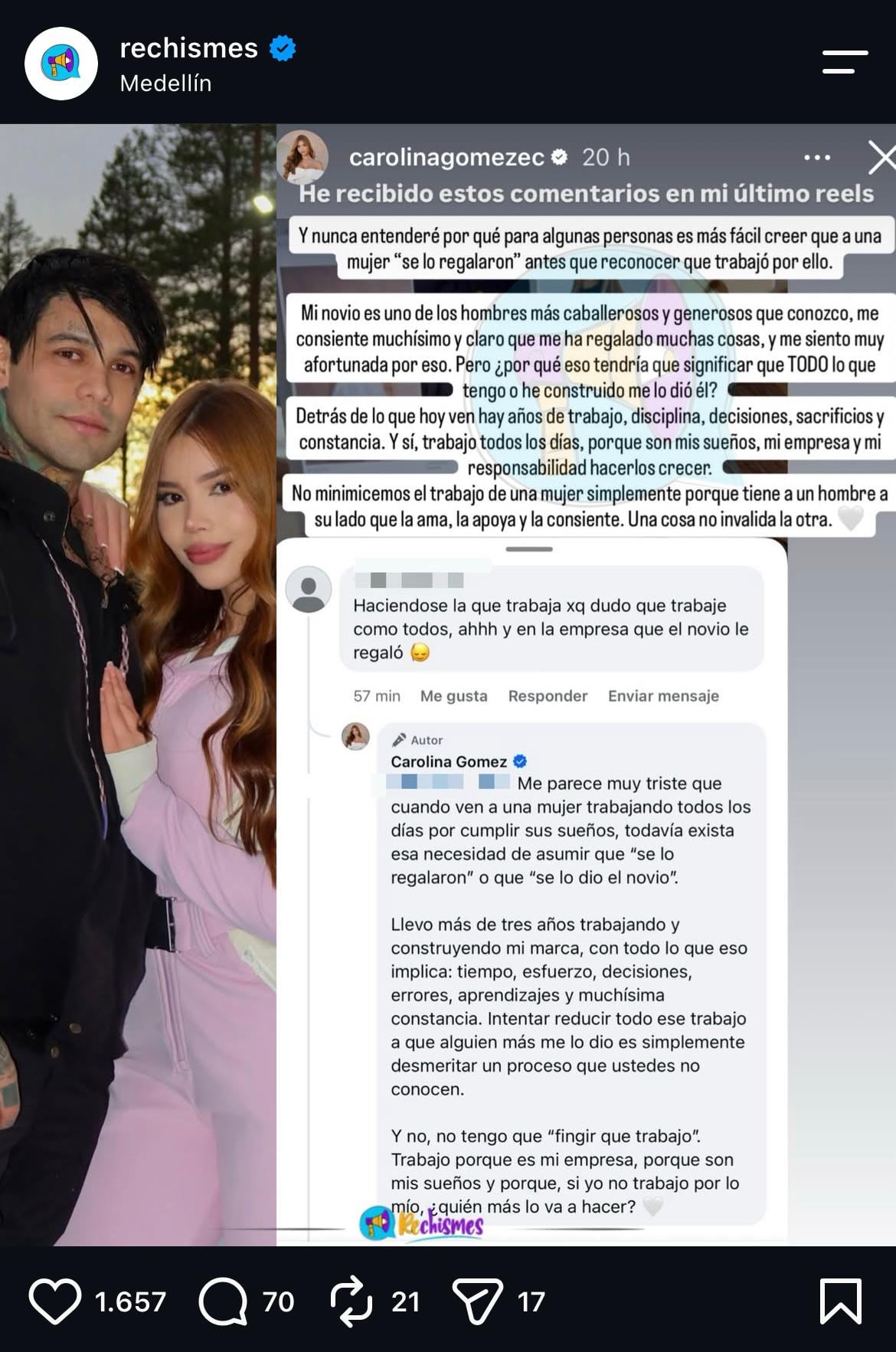 Esta fue la respuesta de la novia de Cossio a seguidora que la criticó - crédito @rechismes/IG