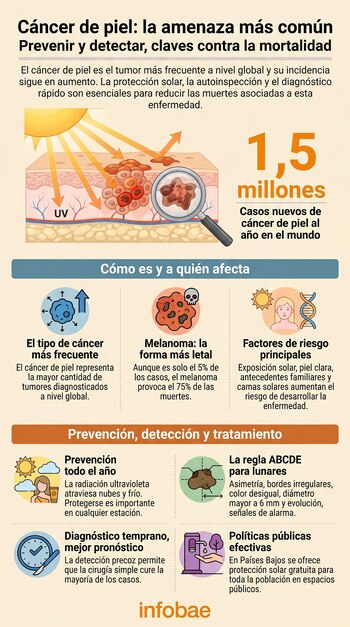Infográfico sobre cáncer de piel mostrando la piel expuesta a rayos UV, células cancerosas, una lupa y estadísticas de 1.5 millones de casos anuales.