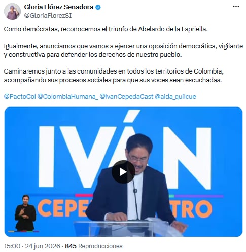 Gloria Flórez reconoció la victoria de Abelardo de la Espriella y prometió una oposición vigilante y constructiva - crédito @GloriaFlorezSI/X