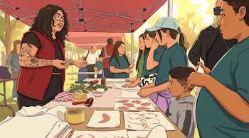 Ilustración de una mujer con tatuajes y gafas que enseña a varios jóvenes y niños a hacer impresiones con hojas en una mesa de un taller al aire libre.