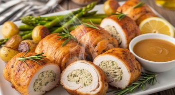 Primer plano de rollitos de pechuga de pollo rellenos, algunos cortados, con patatas asadas, espárragos, salsa, limón y romero fresco.