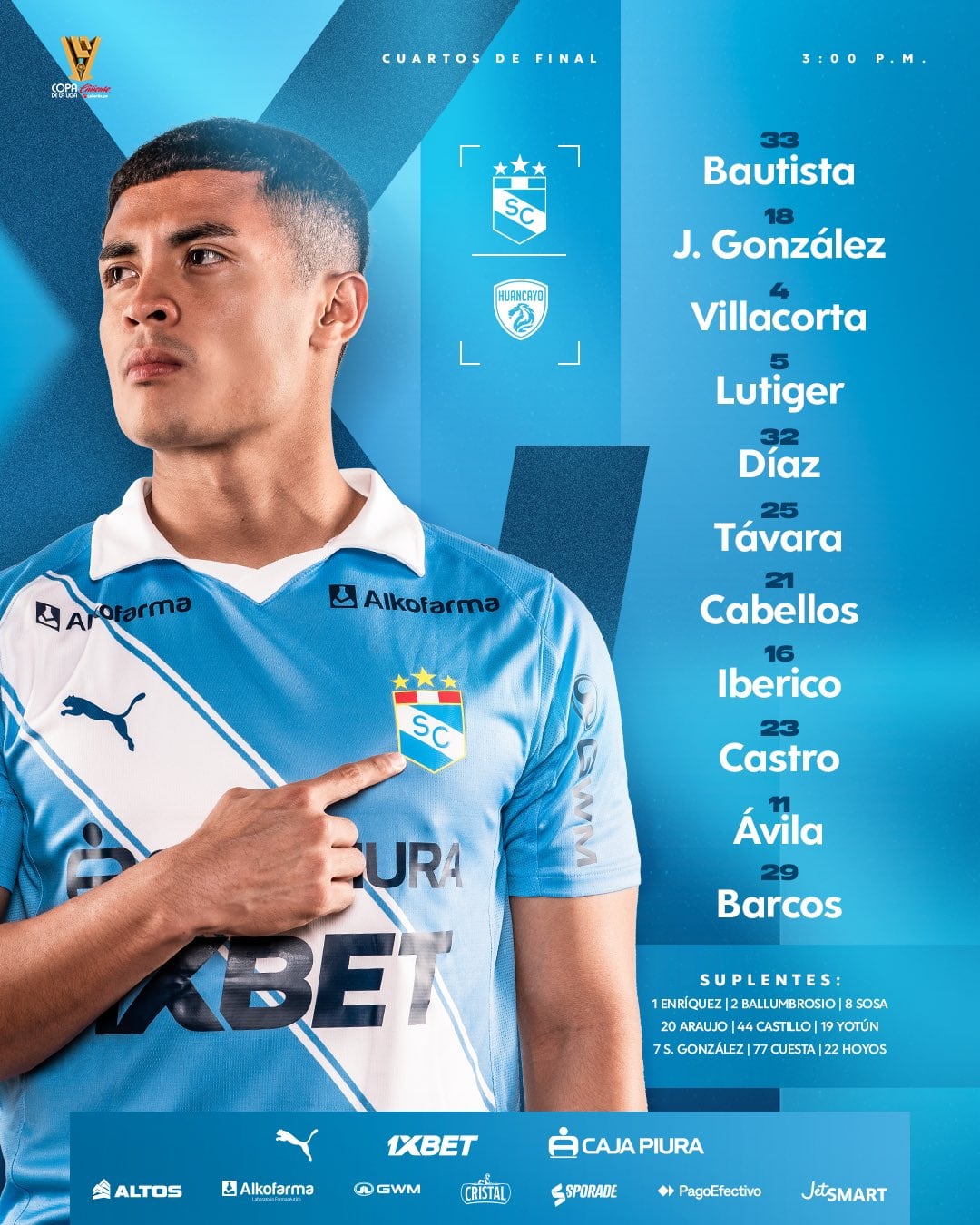 Alineación confirmada de Sporting Cristal para el juego ante Sport Huancayo. Crédito: X Sporting Cristal.