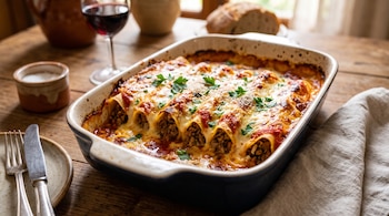 Fuente de cerámica con canelones de carne gratinados, junto a una copa de vino tinto, pan, cubiertos y una servilleta sobre una mesa de madera.