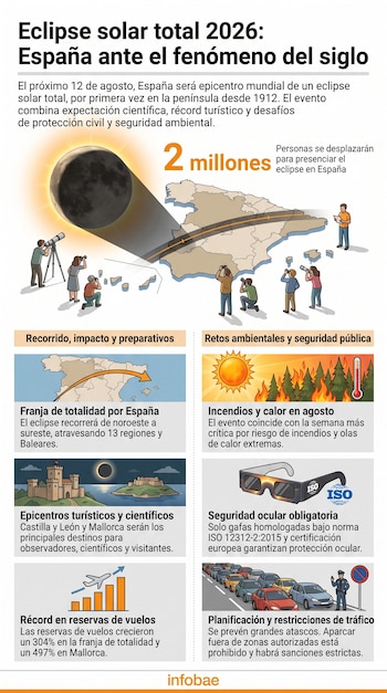 Infografía con mapa de España, eclipse solar, personas observando, cifras, iconos de rutas, castillos, avión, barras, fuego, termómetro, gafas y coches en atasco.