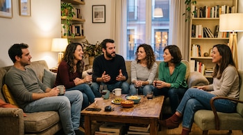 Seis personas adultas sentadas en sofás y sillones alrededor de una mesa de centro con copas, tazas y recipientes de comida.