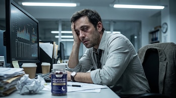 Hombre cansado sentado en un escritorio frente a un monitor con gráficos y un frasco de gomitas de melatonina en primer plano.