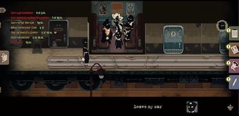 Un videojuego pixelado muestra el interior de un vagón de tren con un personaje de pie, cinco personajes sentados, una lista de tareas y una caja de diálogo