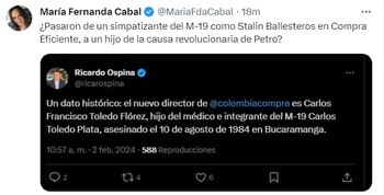 Estas fueron las palabras compartidas por María Fernanda Cabal en sus redes sociales - crédito X