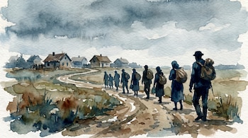 Ilustración acuarela de un grupo de personas con mochilas caminando por un sendero de tierra, alejándose de casas y árboles bajo un cielo nublado.