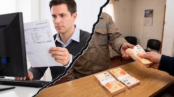 Imagen dividida de un hombre leyendo un recibo de sueldo frente a una computadora y unas manos entregando billetes de mil pesos argentinos.