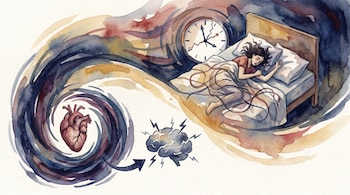 Acuarela de persona durmiendo, reloj con manecillas rotas, cerebro con destellos y corazón, conectados por líneas en espiral, sobre fondo claro.