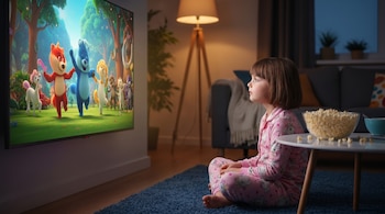 Una niña con pijama rosa sentada en el suelo frente a un televisor que muestra una película animada con personajes de dibujos. Hay palomitas cerca.