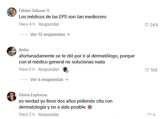Las personas en los comentarios afirmaron que las consultas dermatológicas en las EPS son difíciles de conseguir - crédito captura de pantalla TikTok