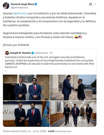 El general (r) Mora brindó detalles del anuncio la mañana del martes 21 de julio de 2026 vía X - crédito @generaljmora/X