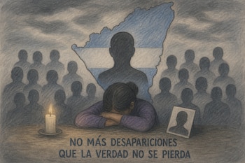Dibujo a lápiz de una mujer apoyada sobre una mesa junto a una vela y una foto, con el mapa de Nicaragua de fondo y una frase en la base.