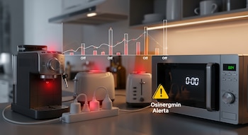 Cafetera, dos tostadoras, microondas, regleta con tres enchufes y cables, un gráfico de barras y el texto "Osinergmin Alerta" en una cocina.