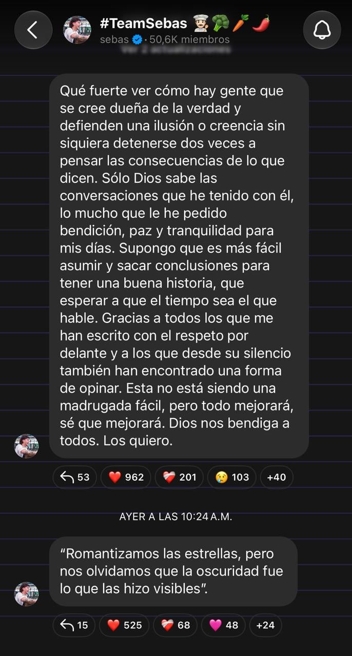 El creador de contenido dejó mensajes en su canal de Instagram sobre lo que vive en estos días tras la separación - crédito Team Sebas/IG