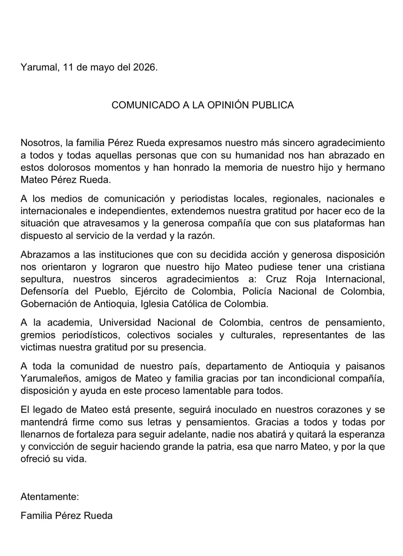 El comunicado tiene fecha del 11 de mayo, pero se reveló en redes sociales solo hasta el 12 de mayo de 2026 - crédito @AbadColorado/X