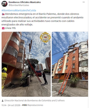 Identificaron a los dos trabajadores que murieron tras descarga eléctrica en un edificio de Manizales - crédito @BomberManizales/X